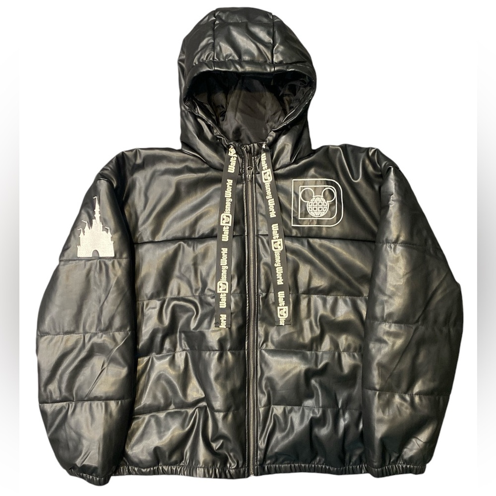 DISNEY | Puffer Black Hooded Jacket Adult 1X Walt Disney World Embroidered